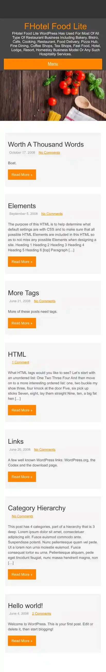 FHotel Food Lite home page on mobile