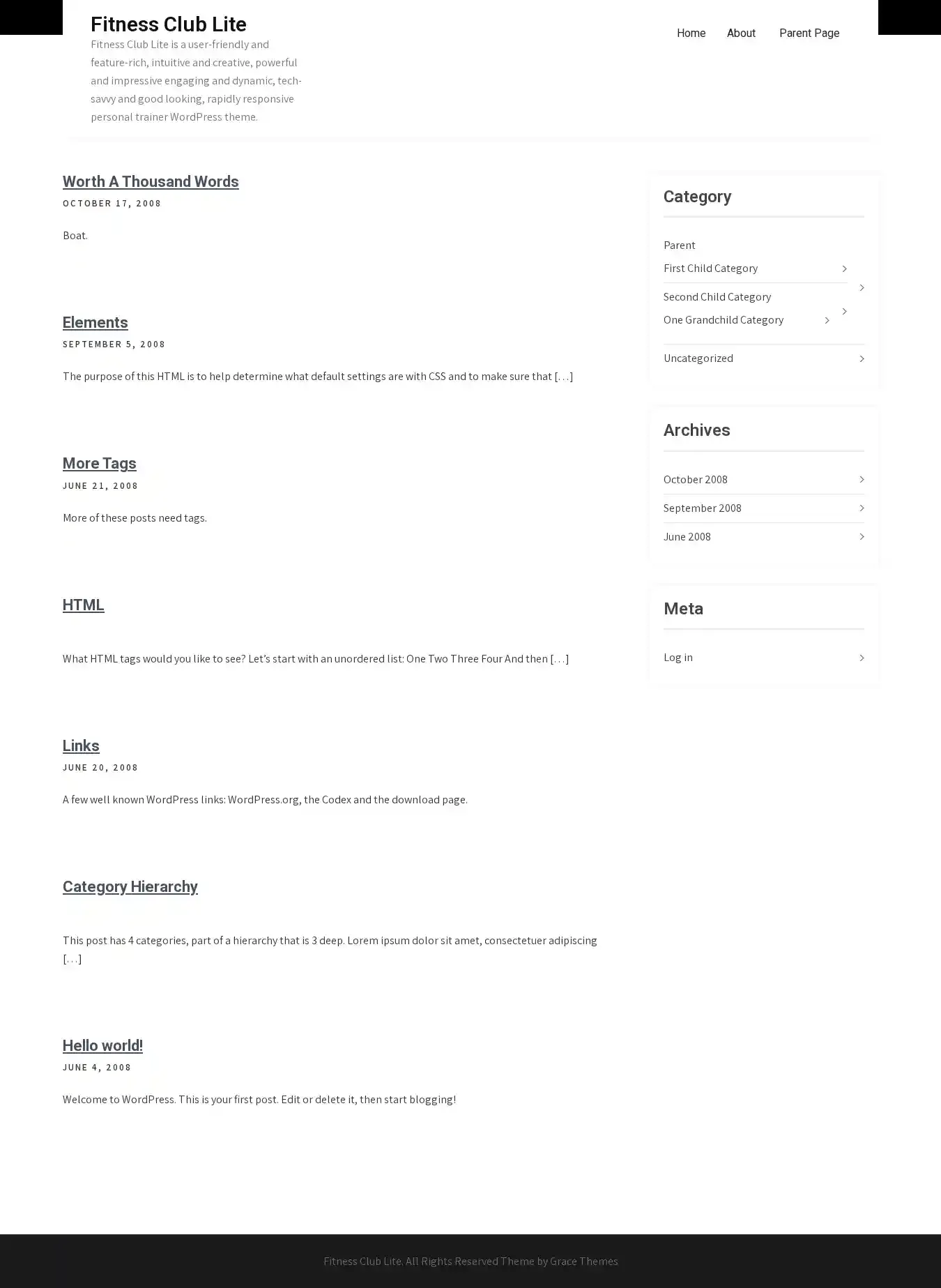 Fitness Club Lite home page on desktop