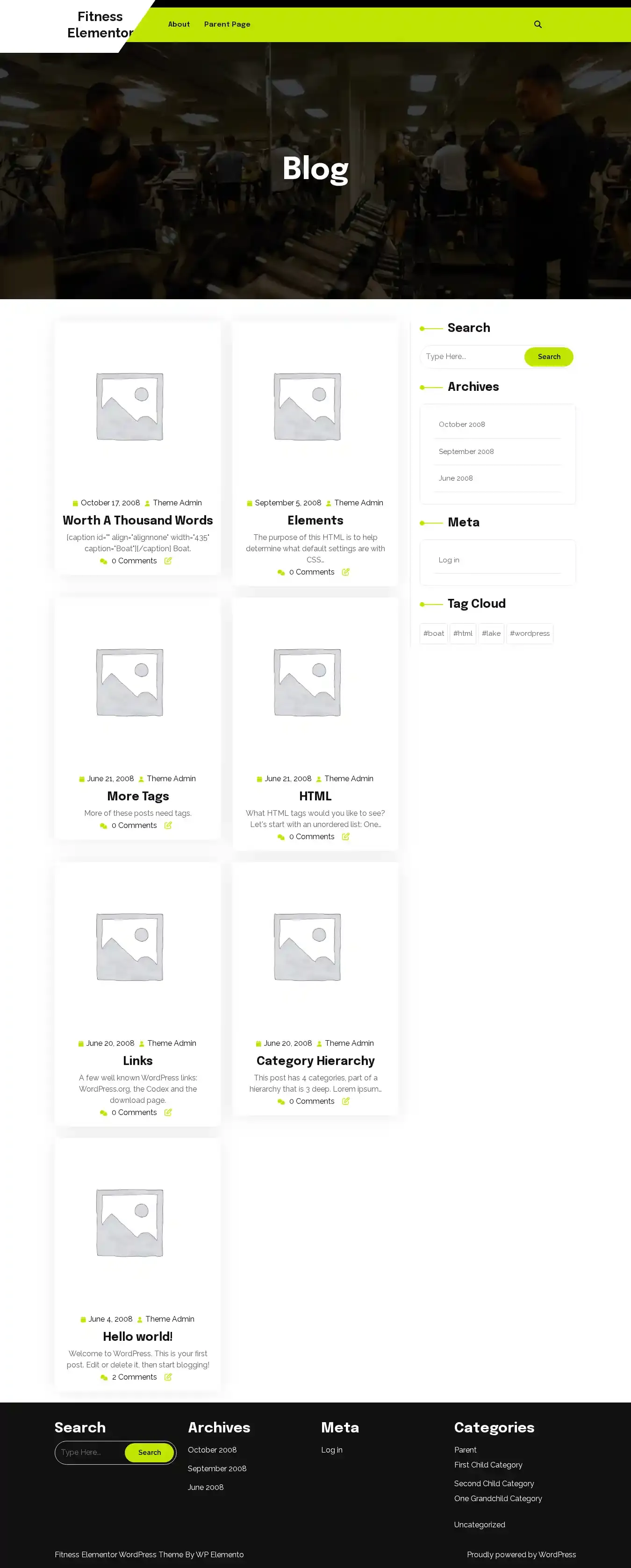 Fitness Elementor home page on desktop