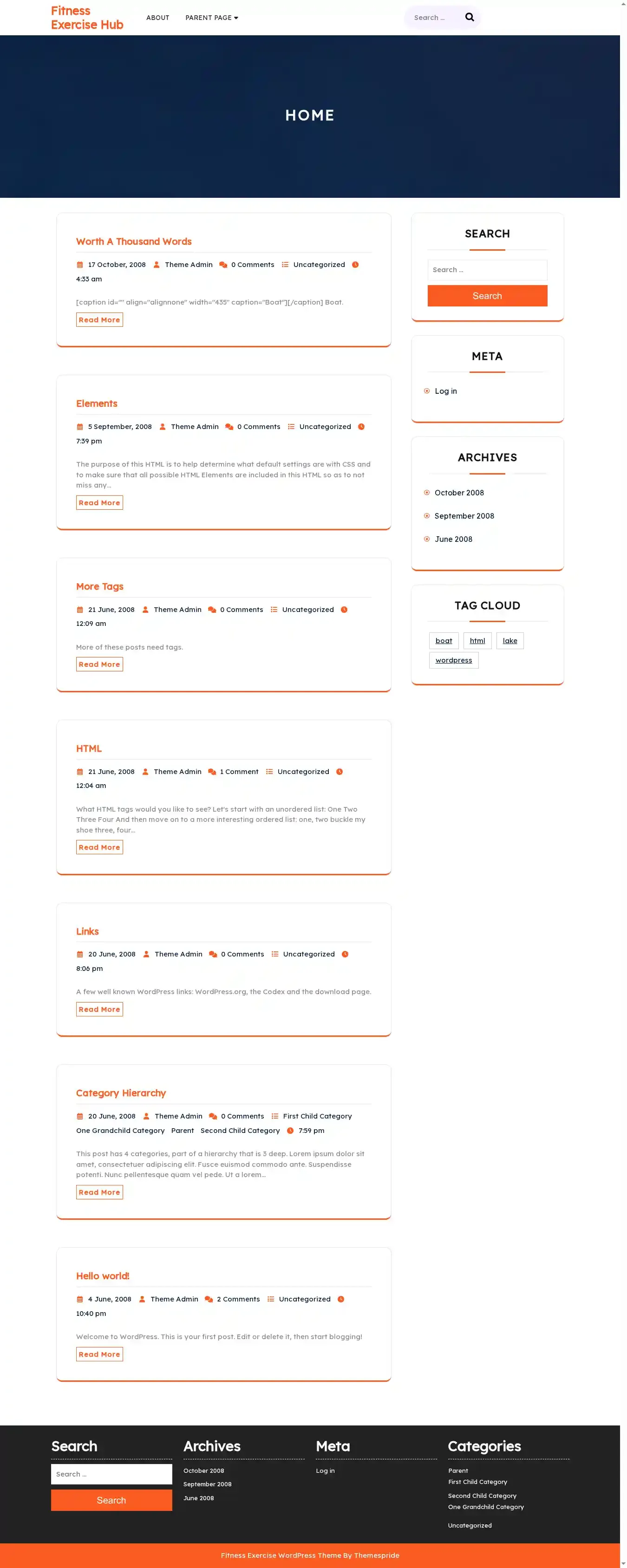 Fitness Exercise Hub home page on desktop