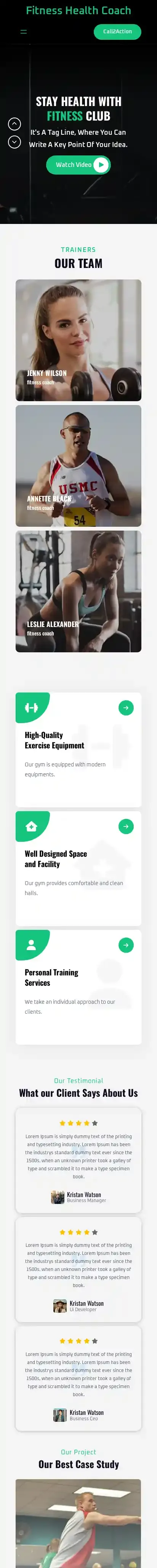 Fitness Health Coach home page on mobile
