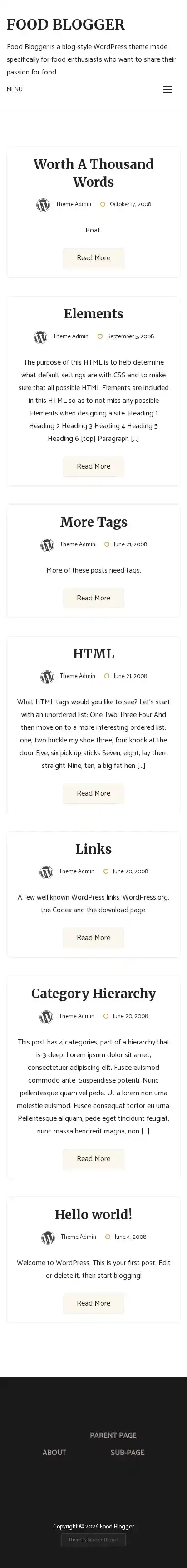 Food Blogger home page on mobile