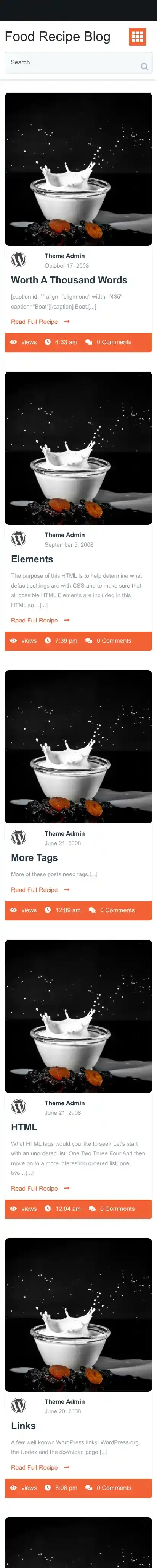 Food Recipe Blog home page on mobile
