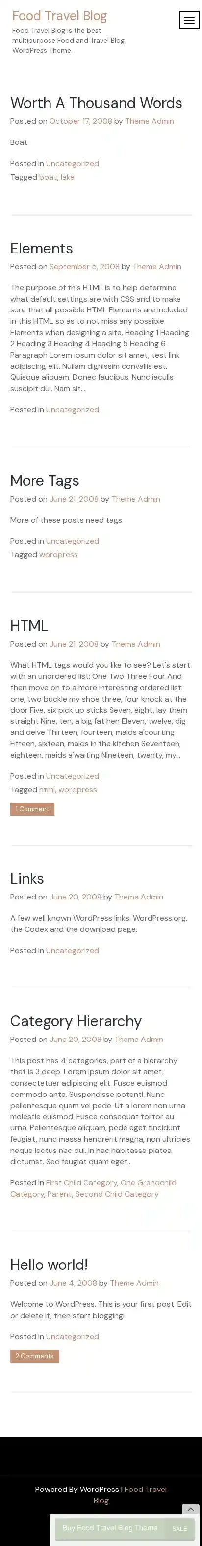 Food Travel Blog home page on mobile