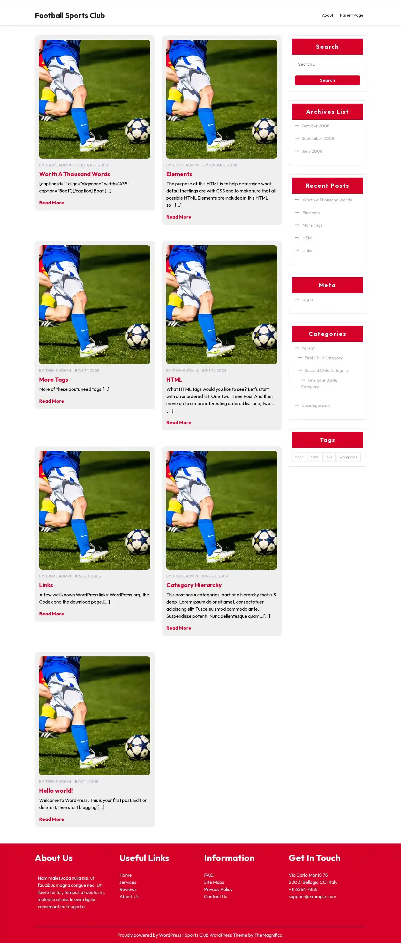 Football Sports Club home page on desktop