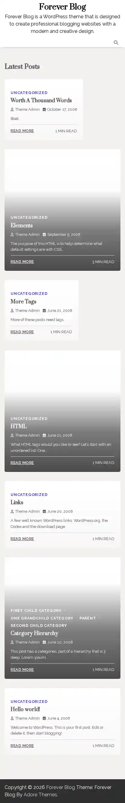 Forever Blog home page on mobile