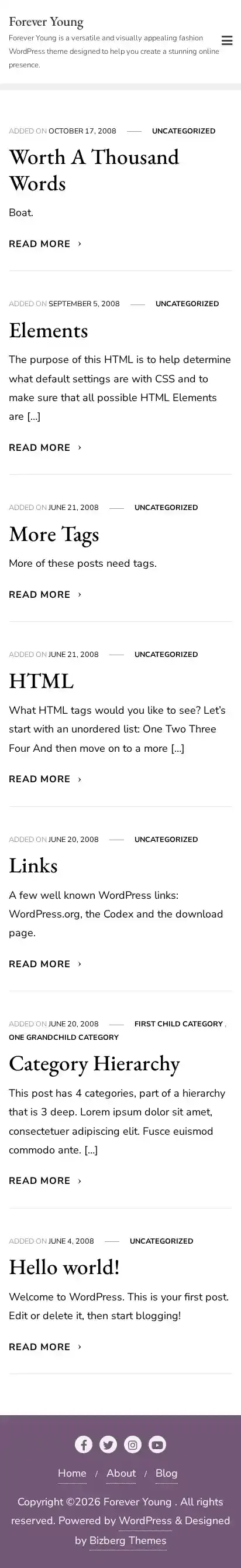 Forever Young home page on mobile