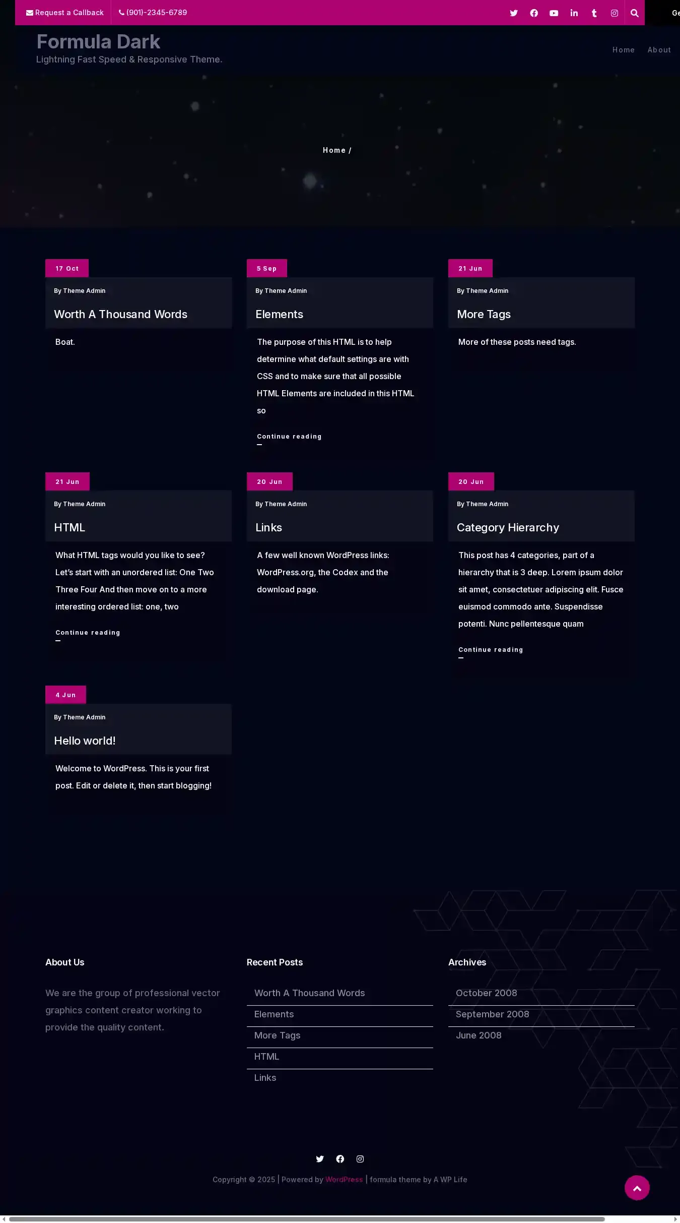 Formula Dark home page on desktop