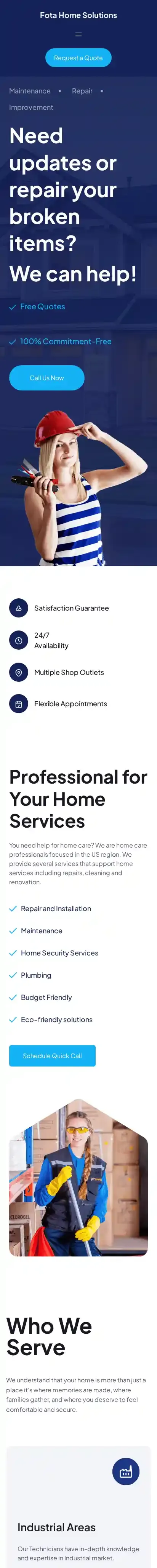 Fota Home Solutions home page on mobile
