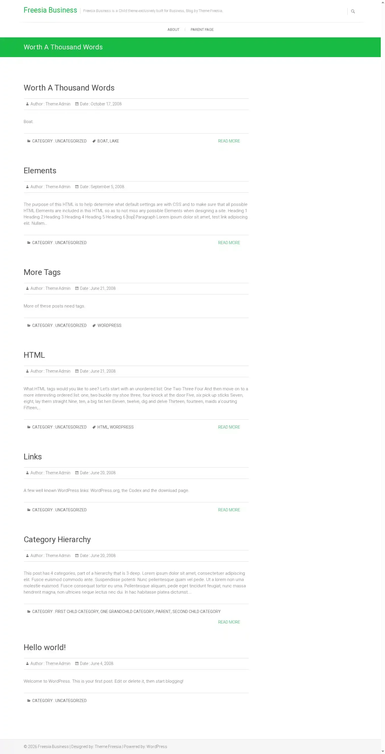 Freesia Business home page on desktop