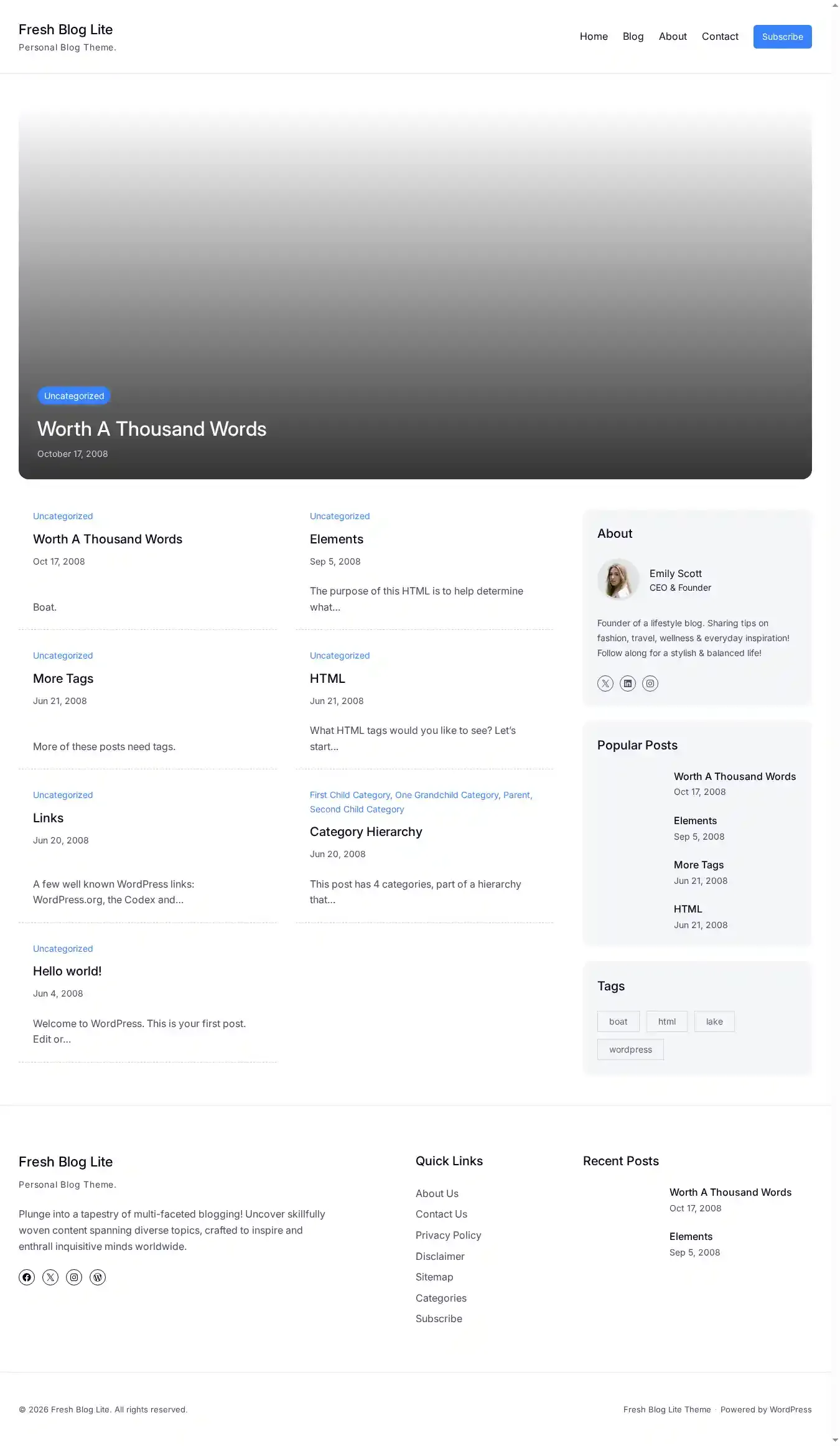 Fresh Blog Lite home page on desktop