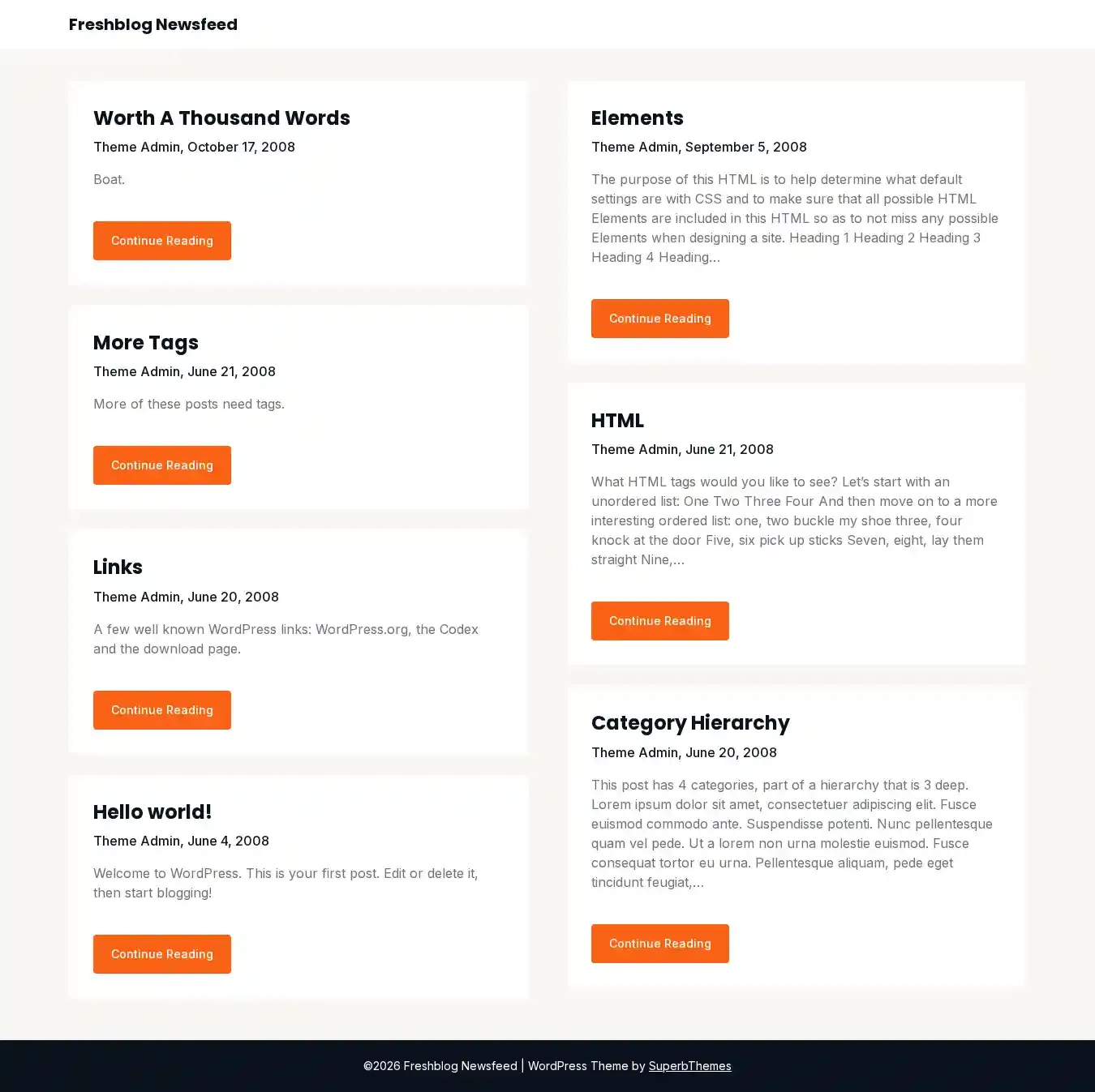 Freshblog Newsfeed home page on desktop