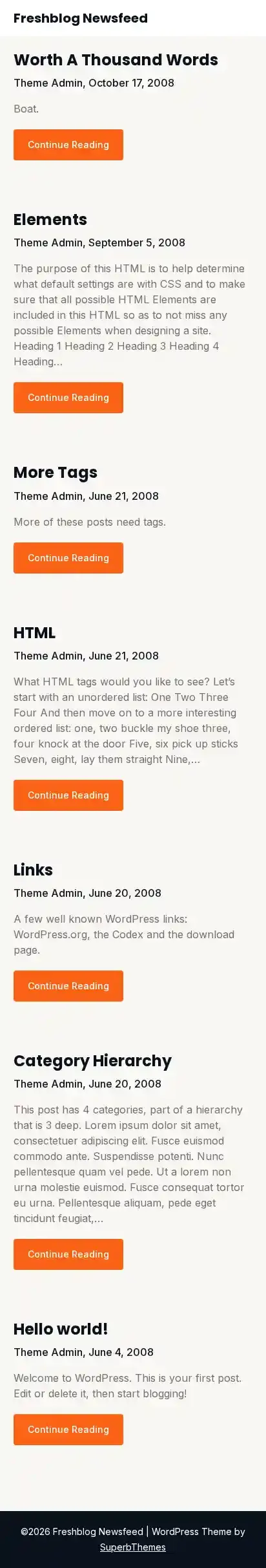 Freshblog Newsfeed home page on mobile