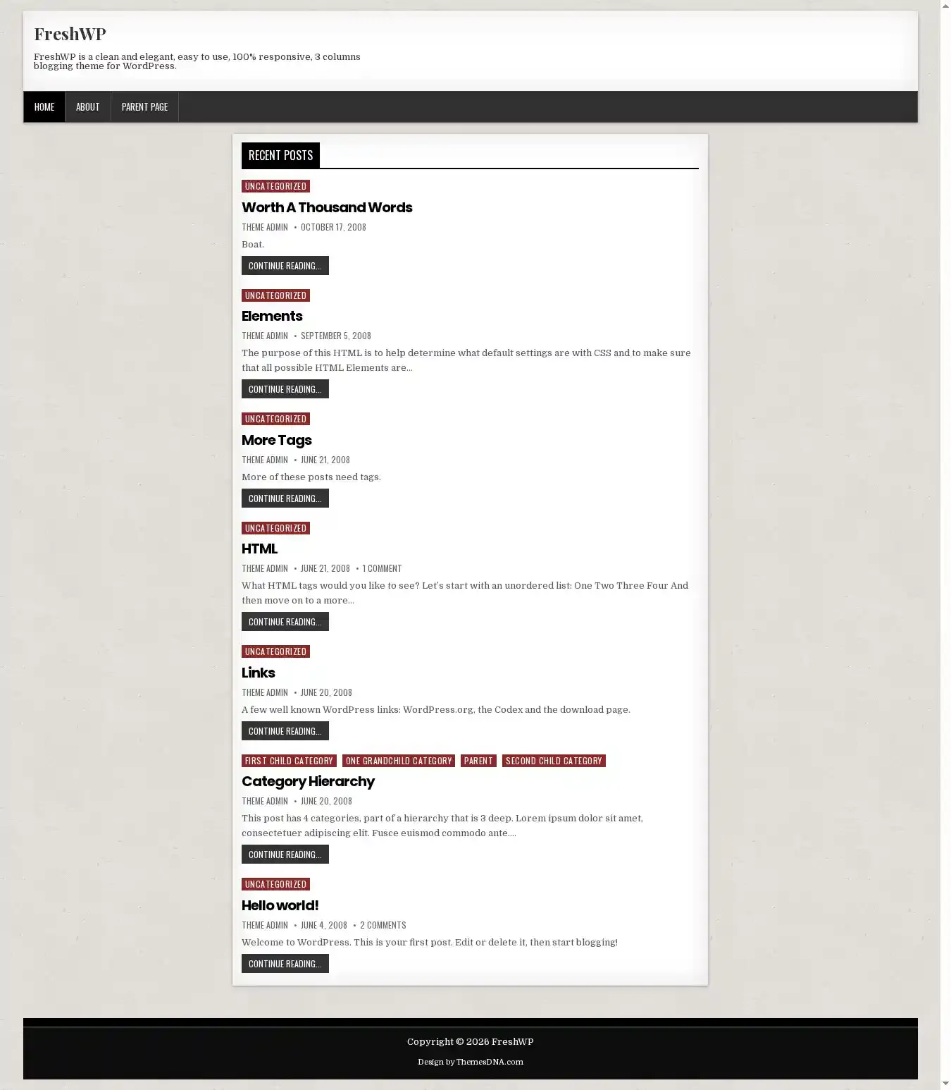 FreshWP home page on desktop