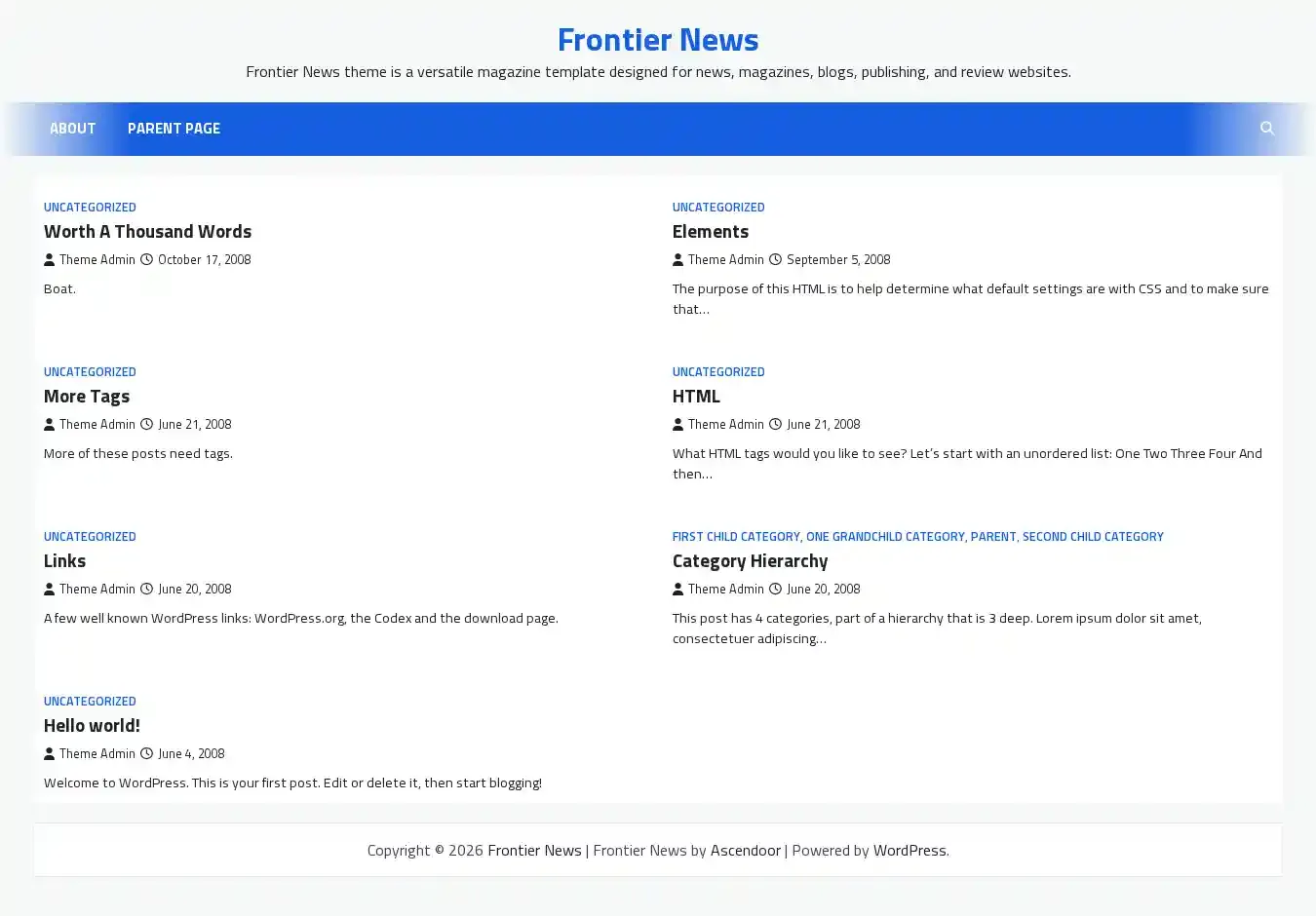 Frontier News home page on desktop