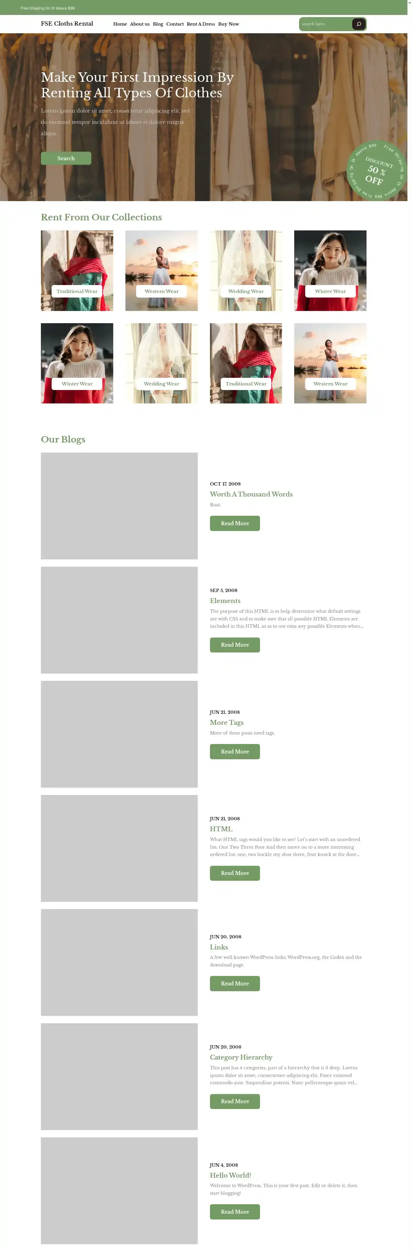 FSE Cloths Rental home page on desktop