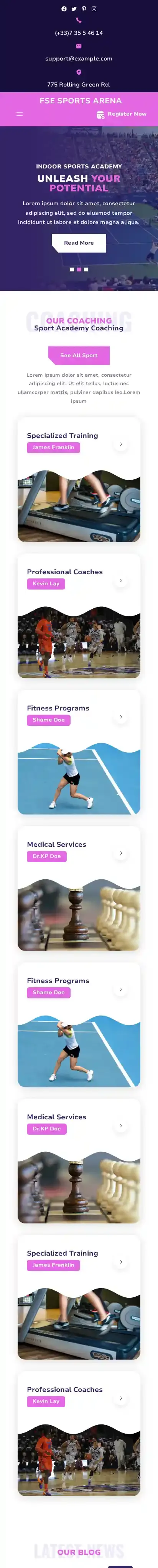 FSE Sports Arena home page on mobile