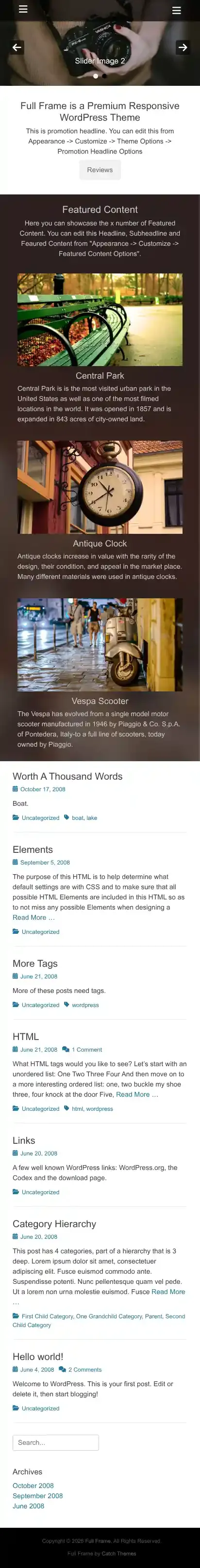 Full Frame home page on mobile