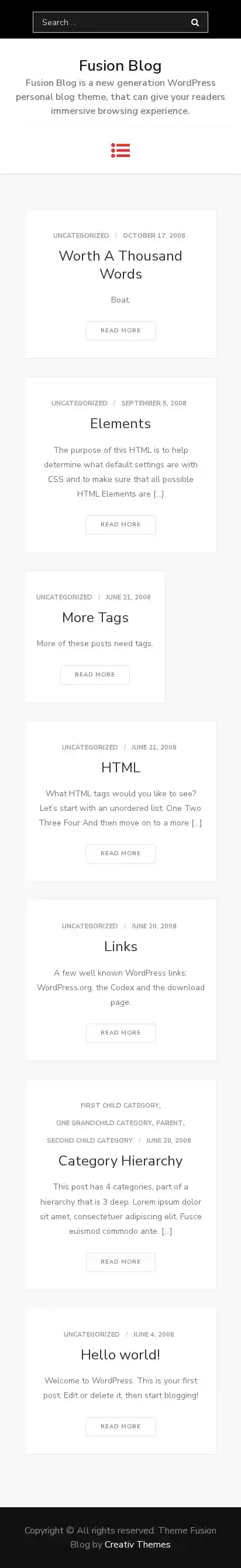 Fusion Blog home page on mobile