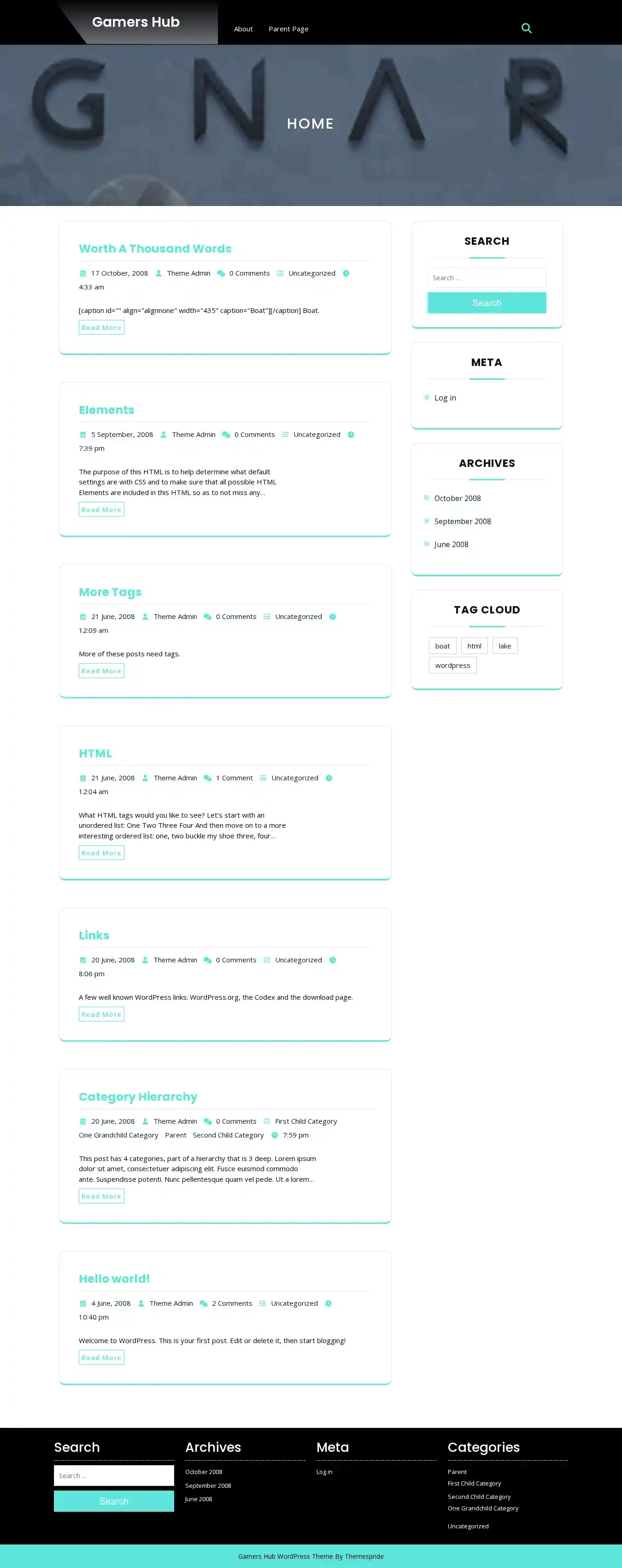Gamers Hub home page on desktop