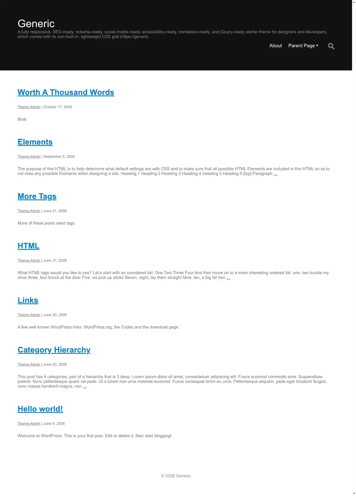 Generic home page on desktop
