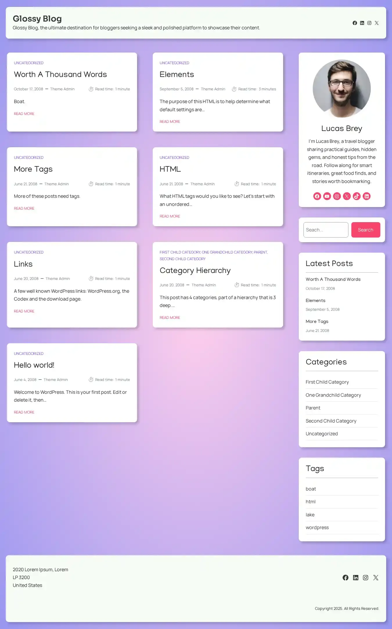 Glossy Blog home page on desktop
