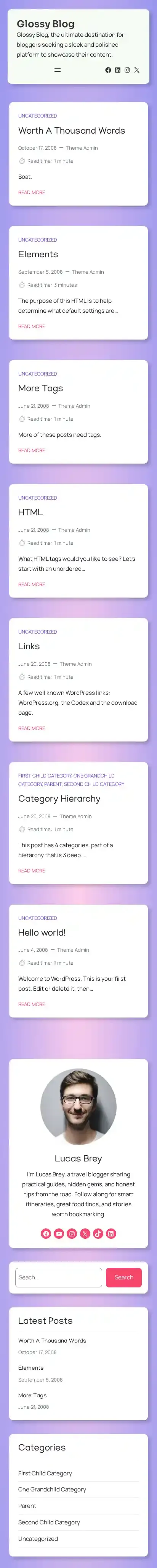 Glossy Blog home page on mobile