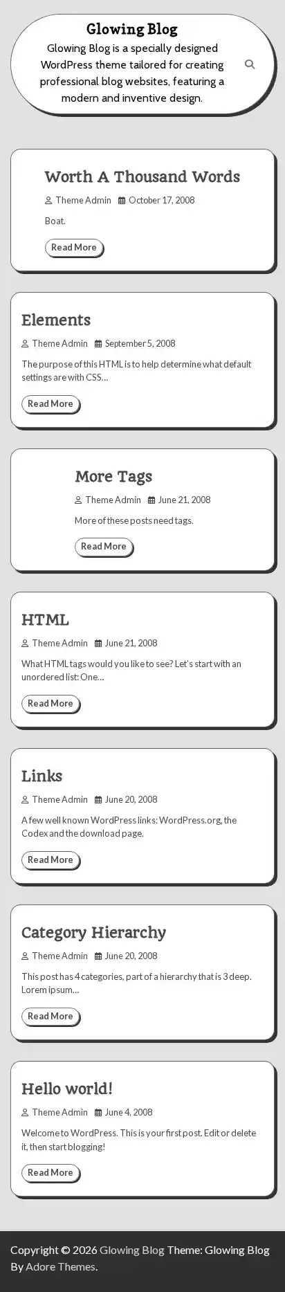 Glowing Blog home page on mobile