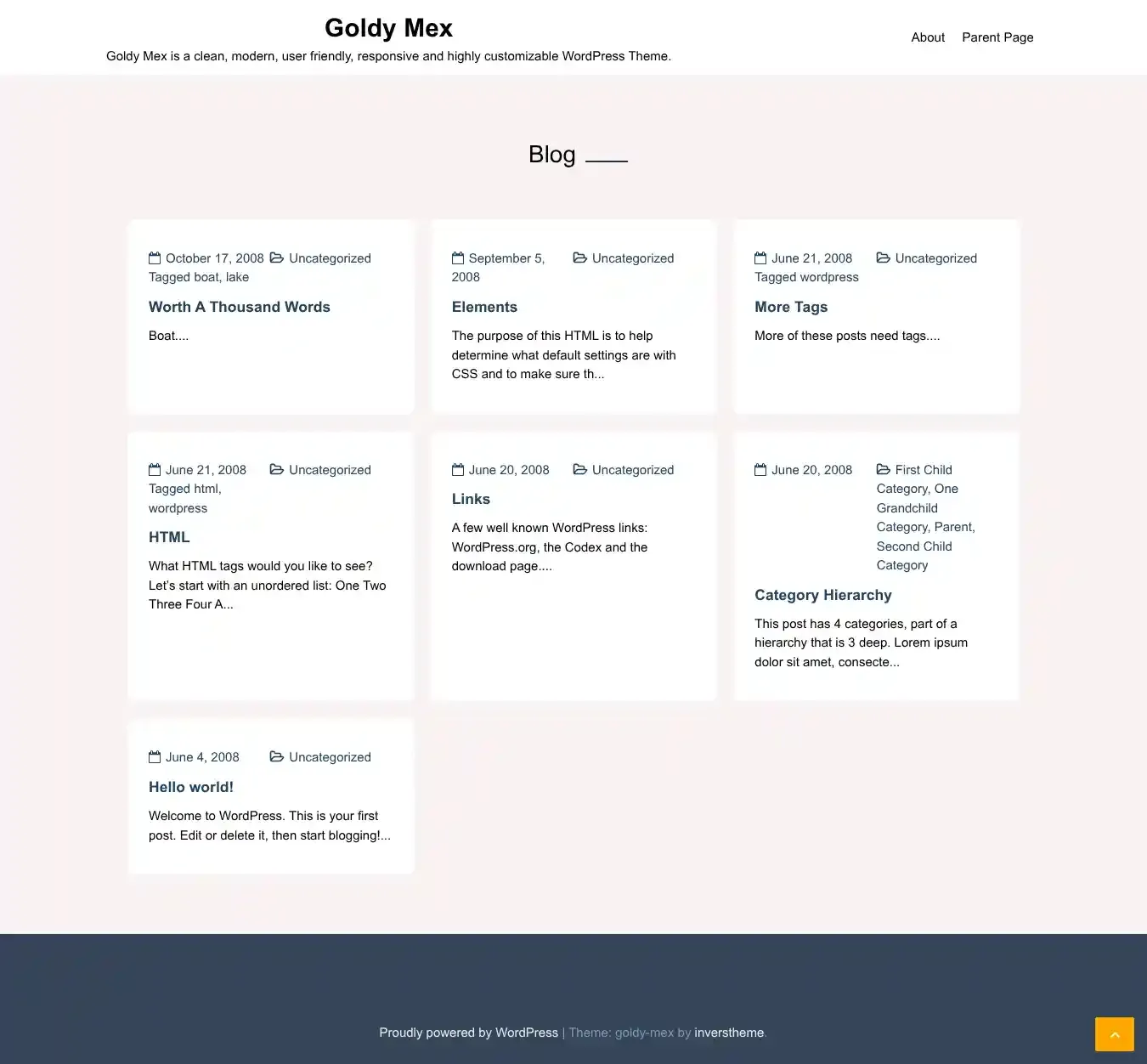 Goldy Mex home page on desktop