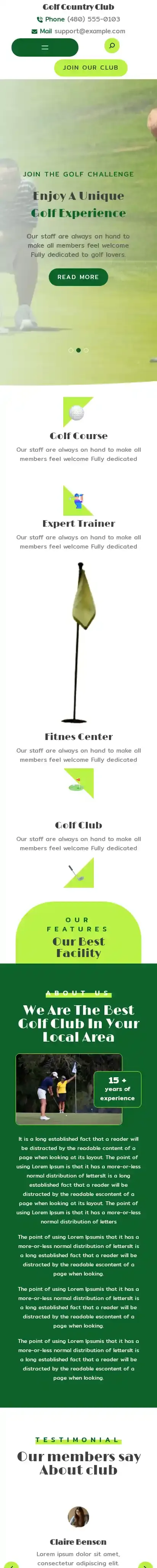 Golf Country Club home page on mobile