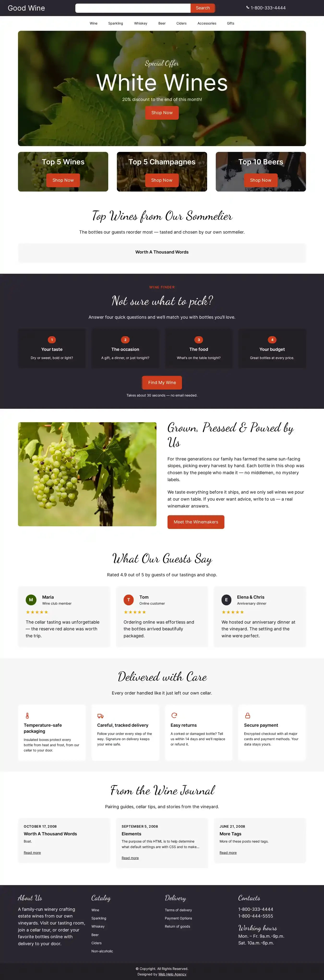 Good Wine home page on desktop