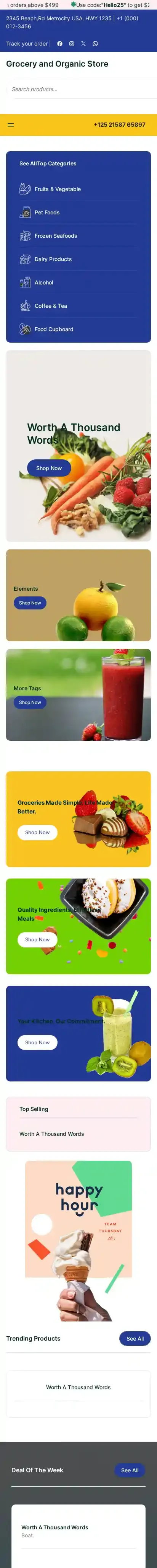 Grocery and Organic Store home page on mobile