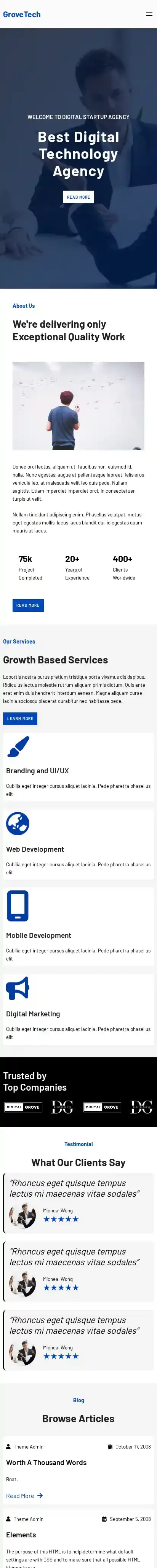 GroveTech home page on mobile