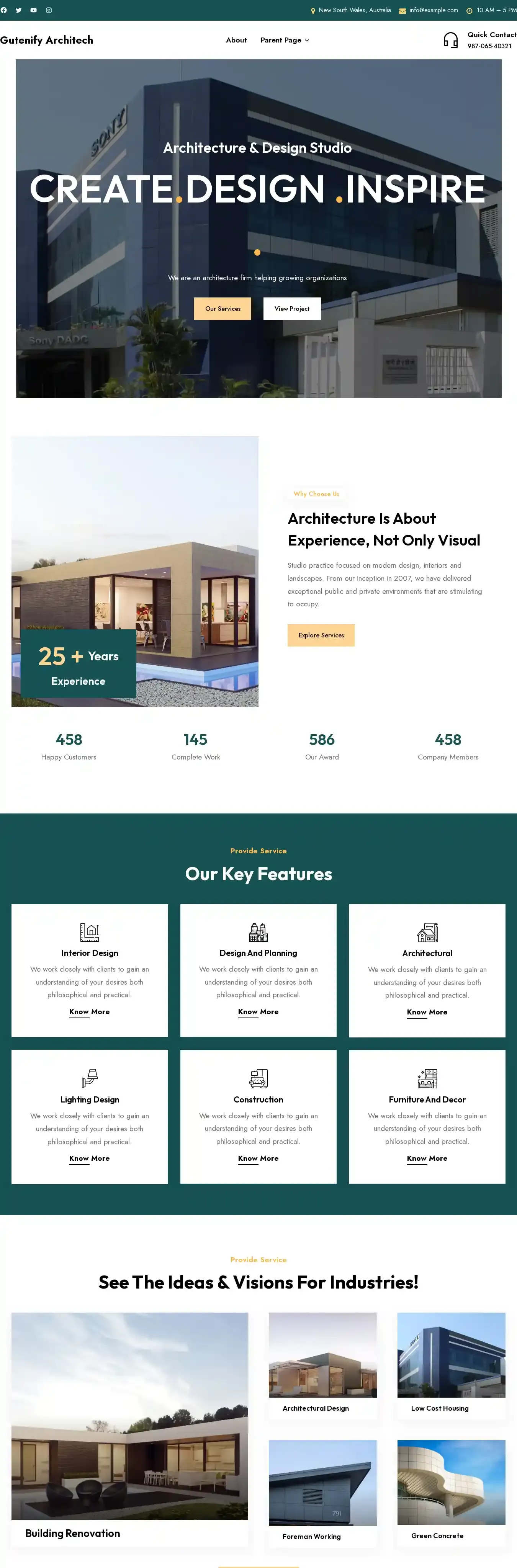 Gutenify Architech home page on desktop