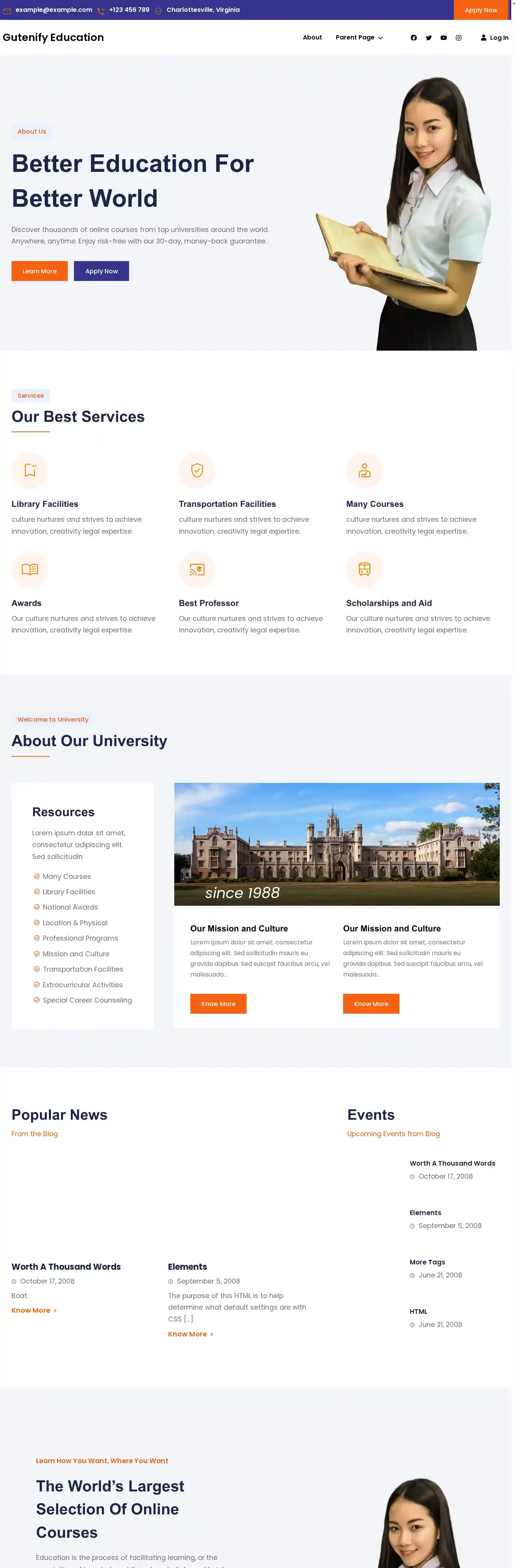 Gutenify Education home page on desktop