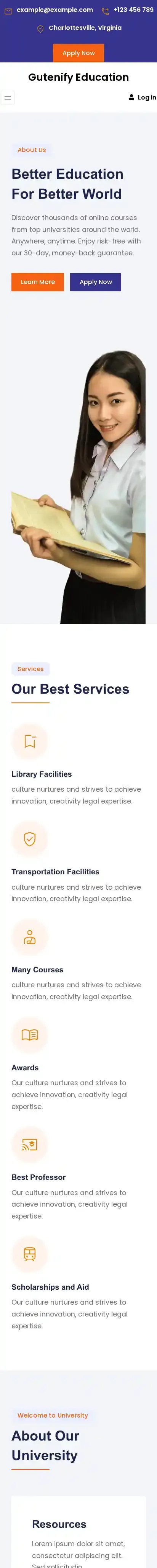 Gutenify Education home page on mobile