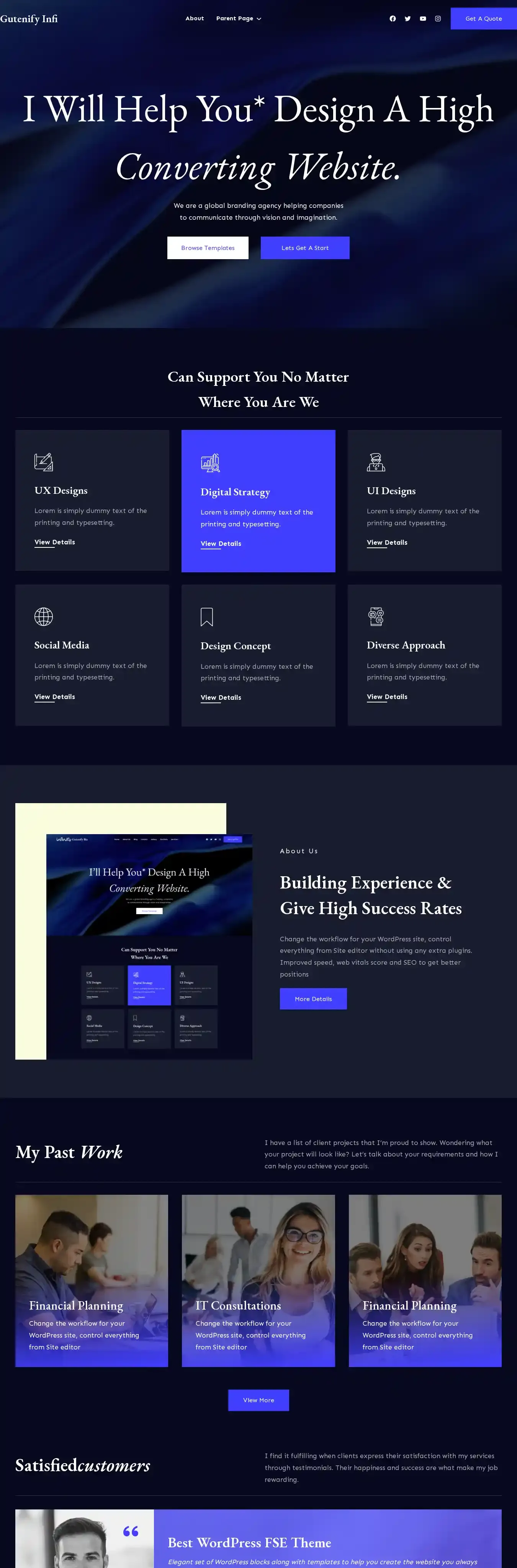Gutenify Infi home page on desktop