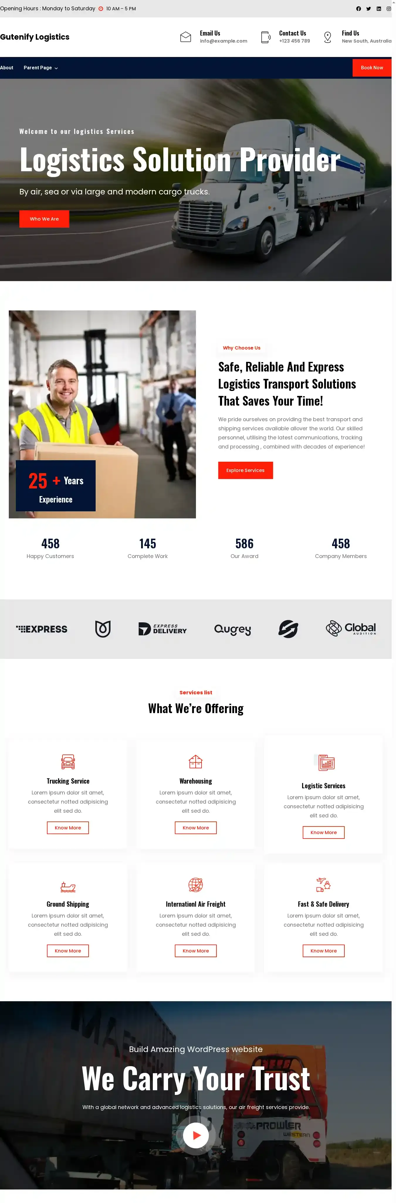 Gutenify Logistics home page on desktop