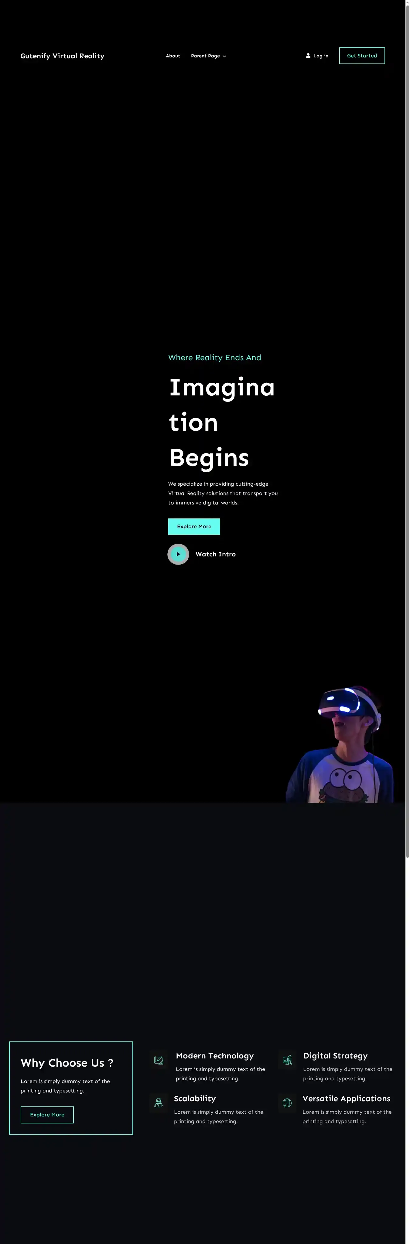 Gutenify Virtual Reality home page on desktop