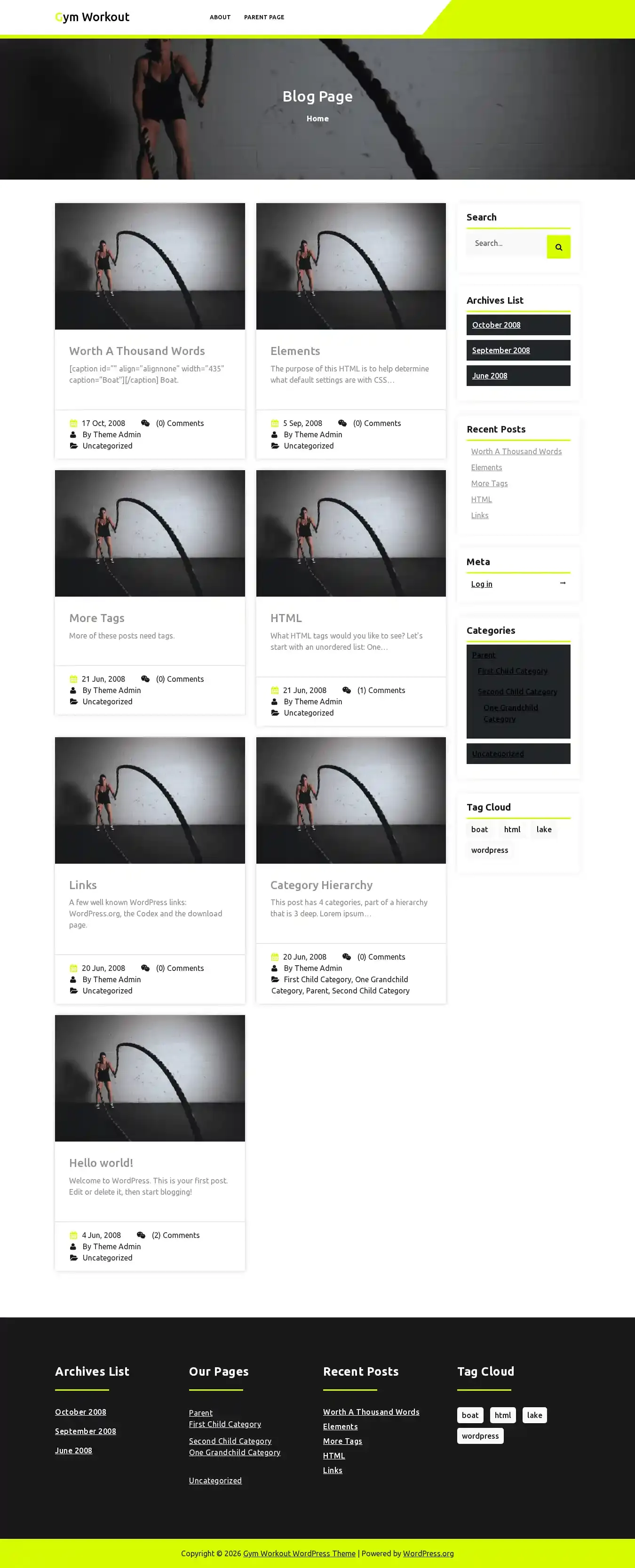 Gym Workout home page on desktop