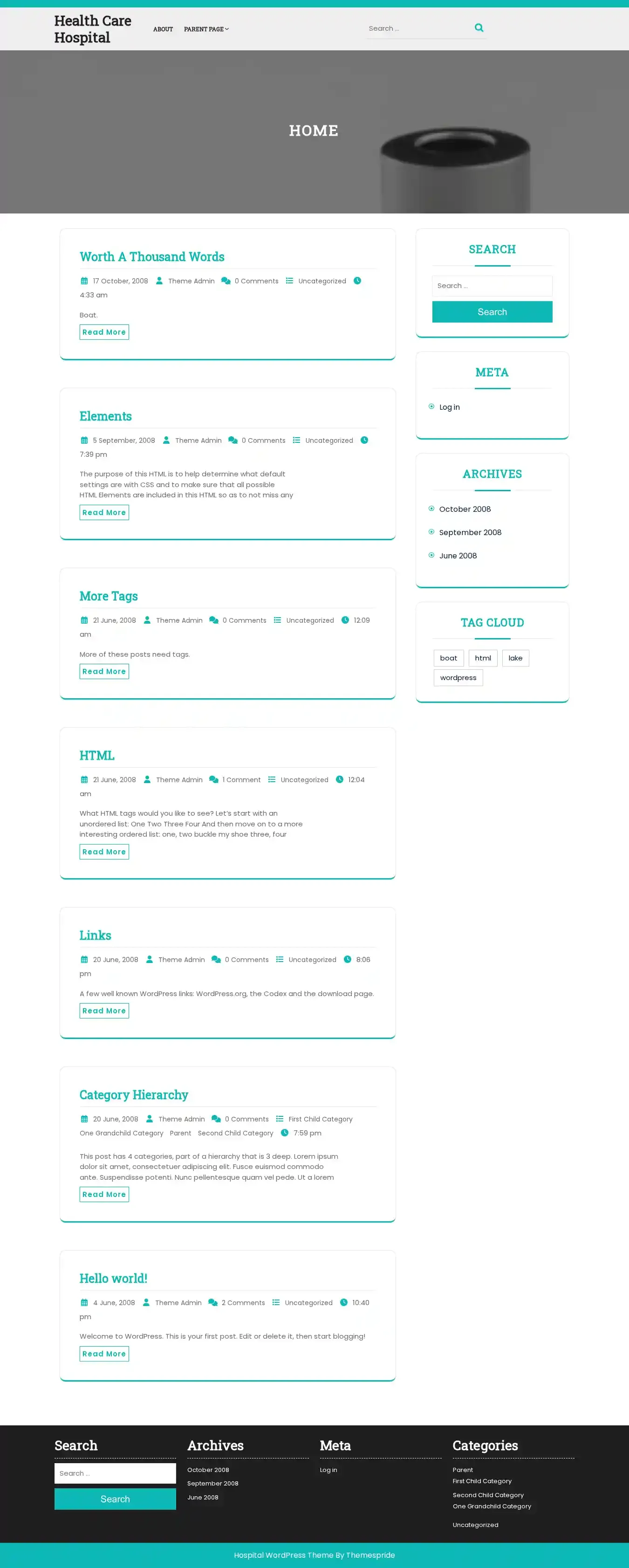 Health Care Hospital home page on desktop