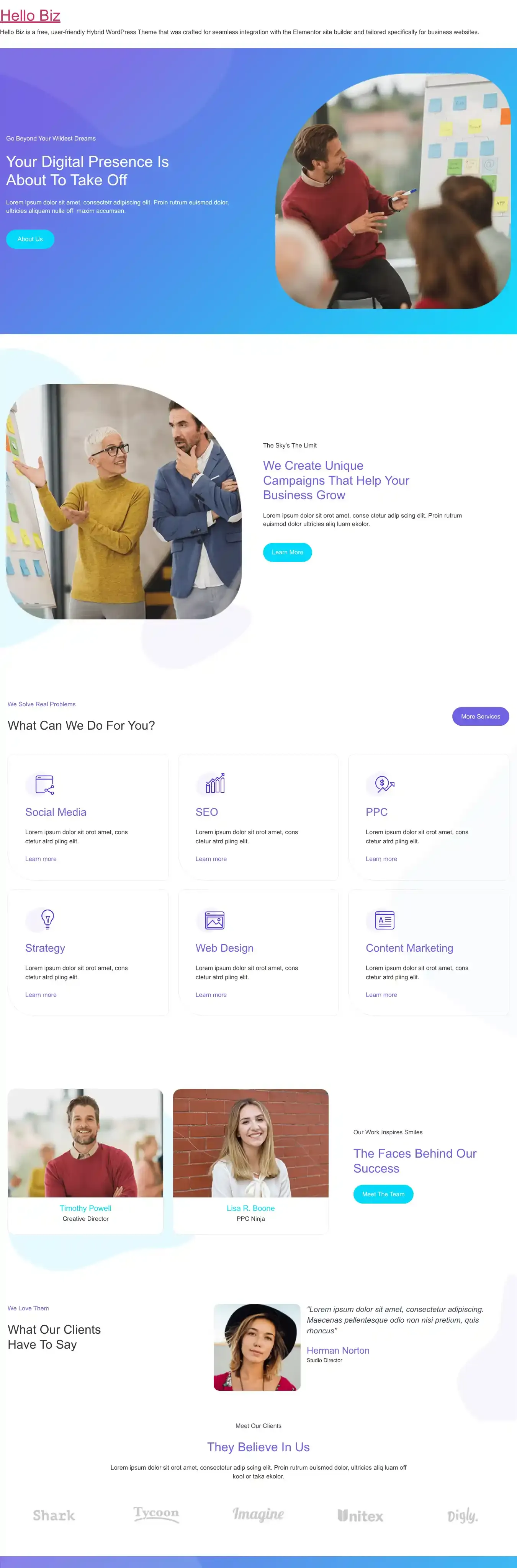 Hello Biz home page on desktop