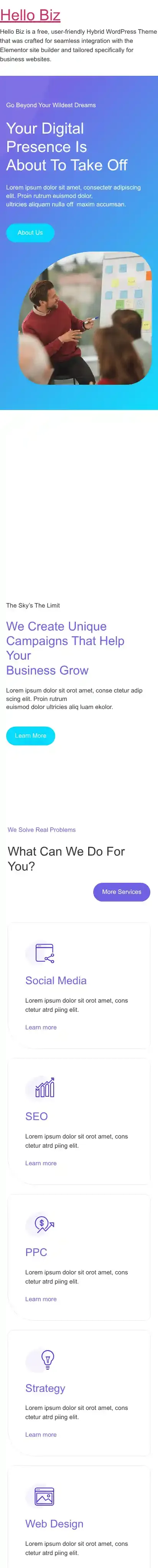 Hello Biz home page on mobile