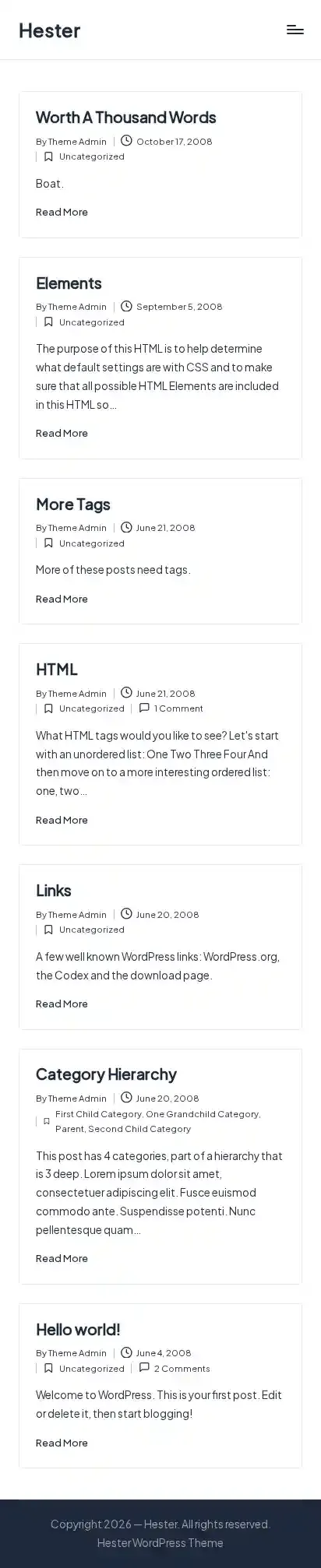 Hester home page on mobile