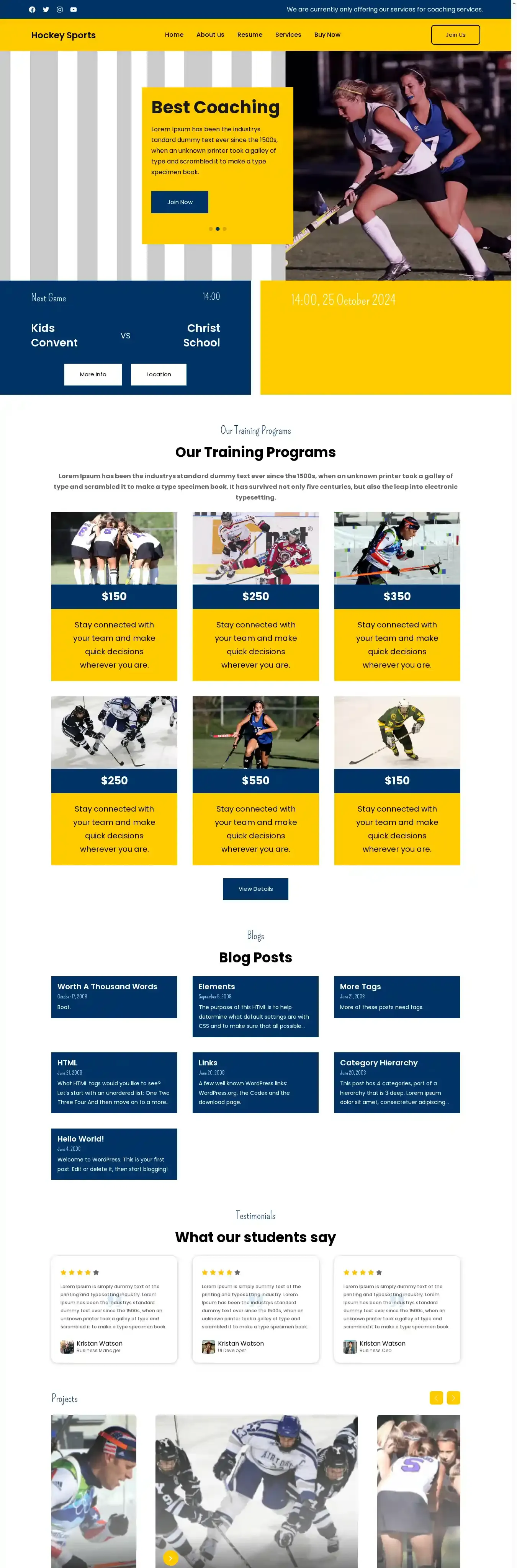 Hockey Sports home page on desktop