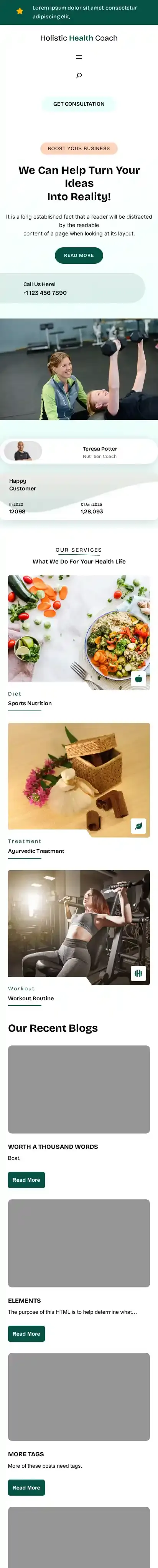 Holistic Health Coach home page on mobile