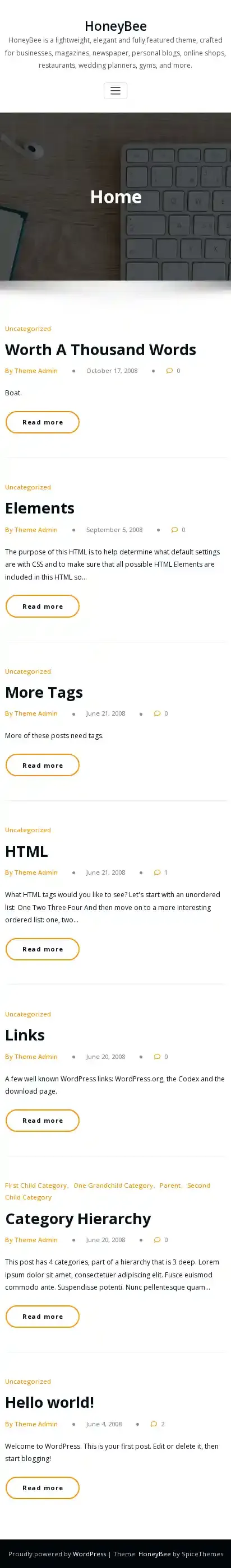 HoneyBee home page on mobile