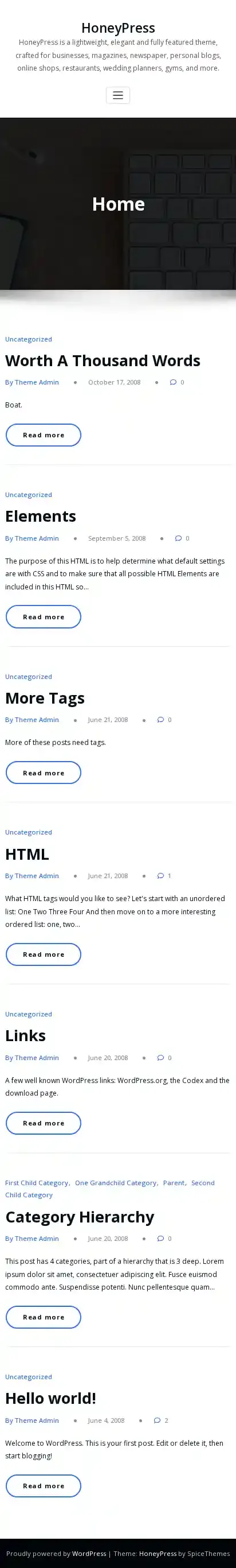 HoneyPress home page on mobile