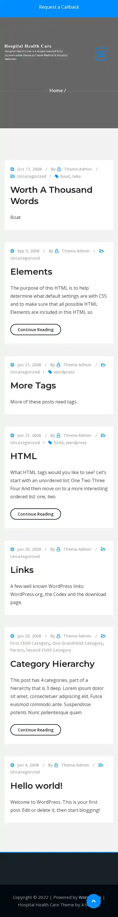 Hospital Health Care home page on mobile