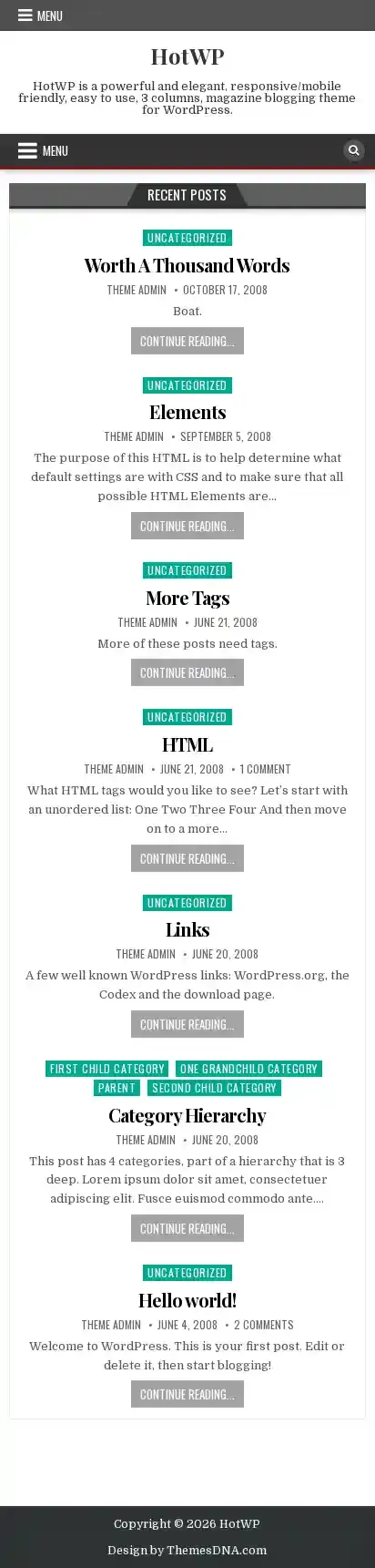 HotWP home page on mobile